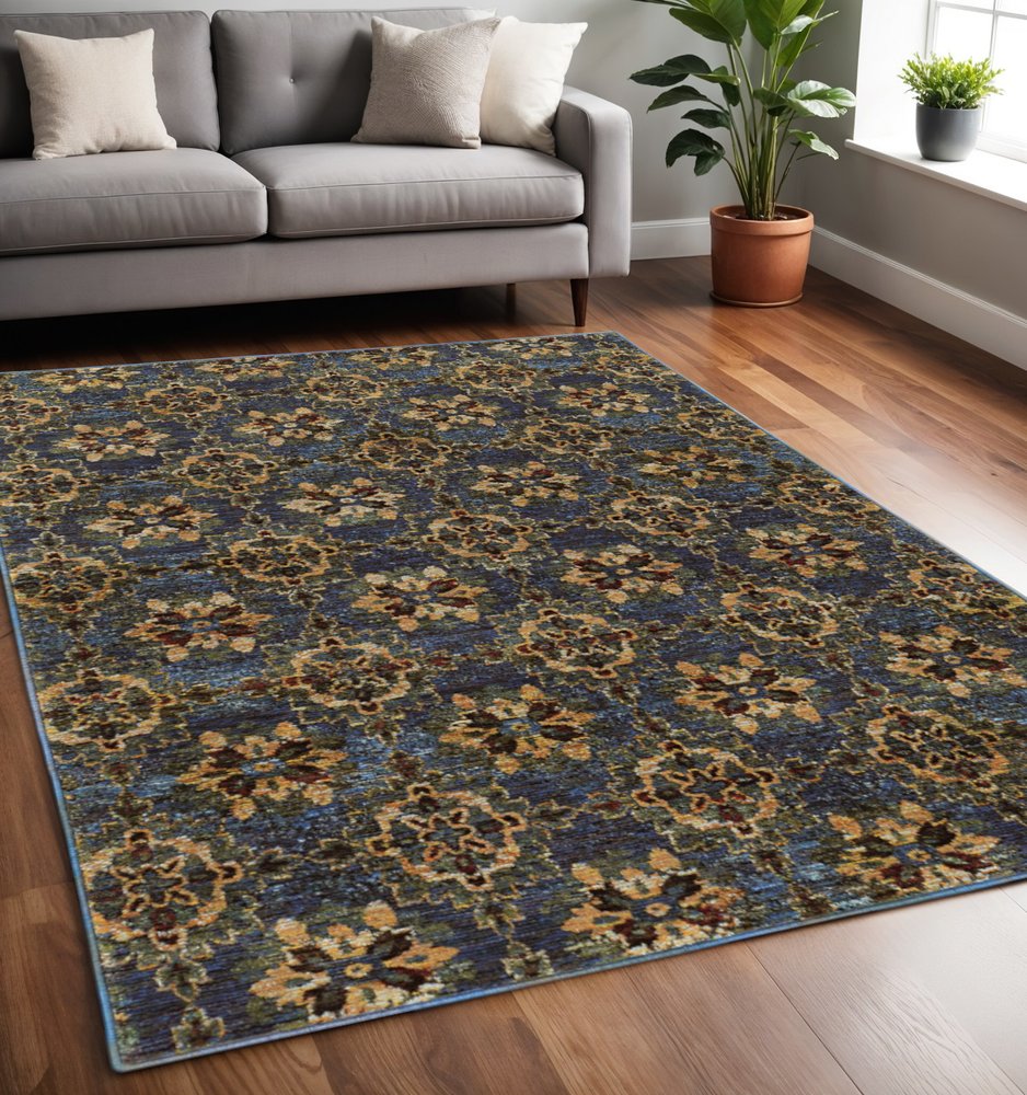 5' X 7' Blue And Gold Oriental Area Rug