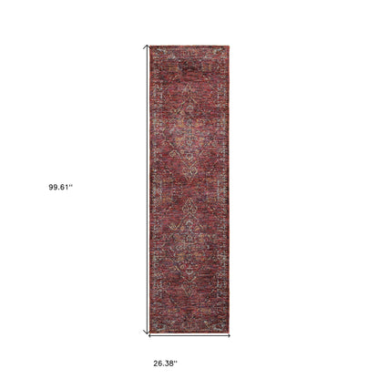 8' Runner Red and Gold Oriental Power Loom Runner Rug