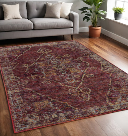 5' X 7' Red and Gold Oriental Power Loom Area Rug