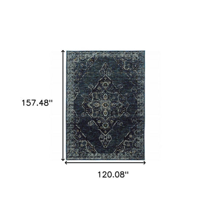 10' X 13' Blue and Ivory Oriental Power Loom Area Rug