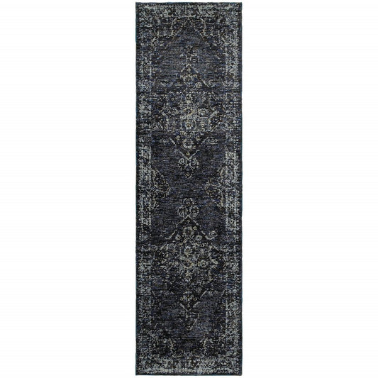 8' Blue And Ivory Oriental Runner Rug