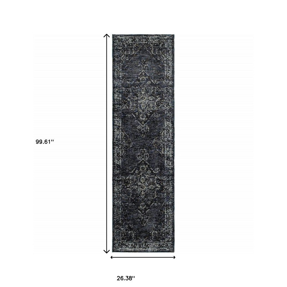 8' Blue And Ivory Oriental Runner Rug