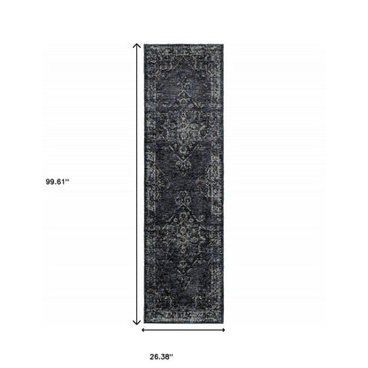 8' Blue And Ivory Oriental Runner Rug