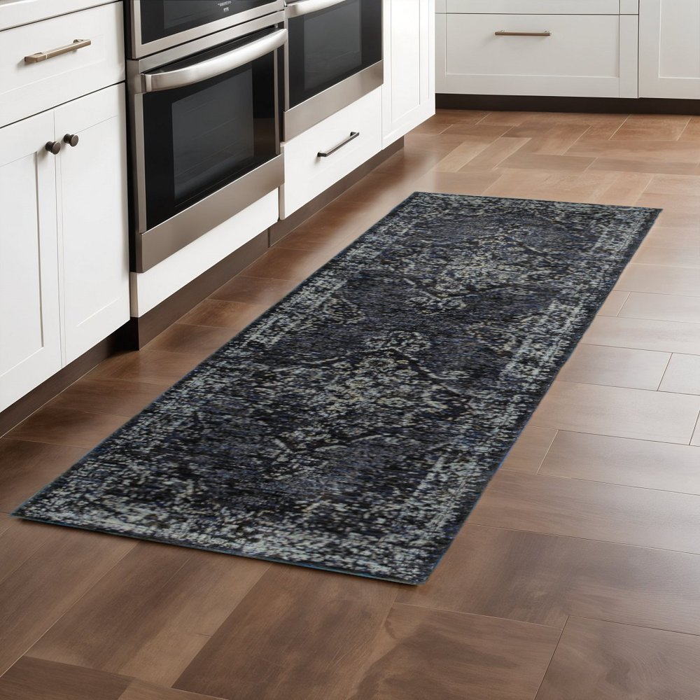 8' Blue And Ivory Oriental Runner Rug