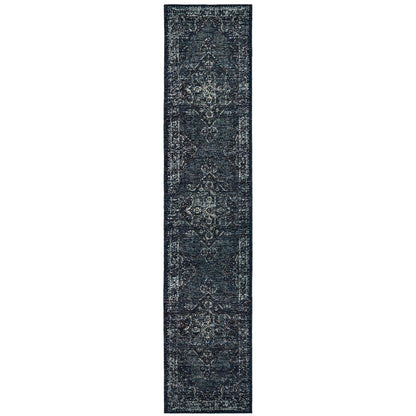 12' Blue And Brown Oriental Runner Rug