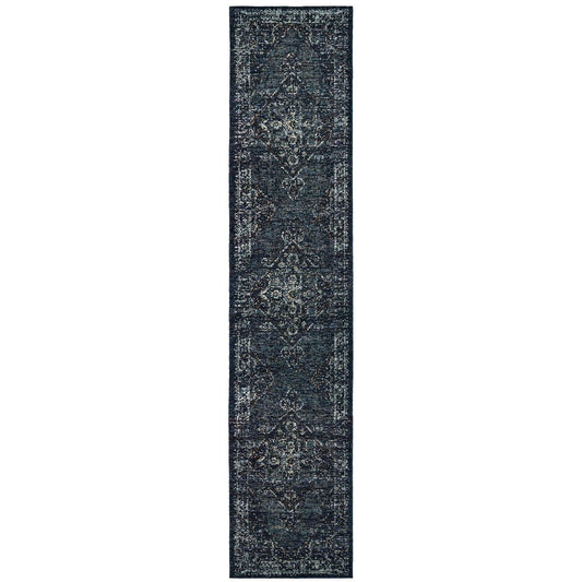 12' Blue And Brown Oriental Runner Rug
