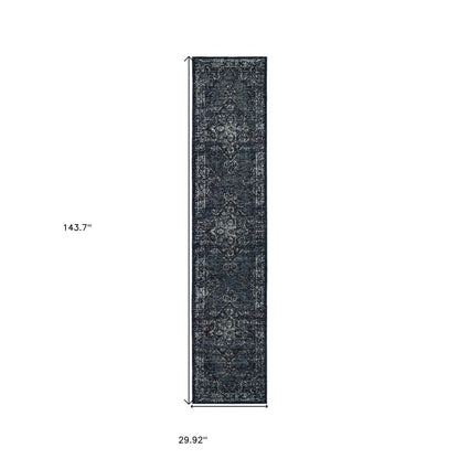 12' Blue And Brown Oriental Runner Rug