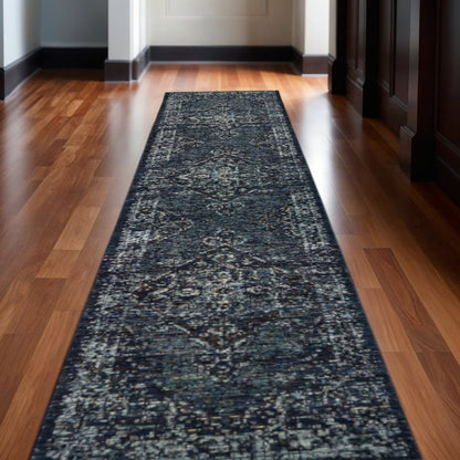 12' Blue And Brown Oriental Runner Rug