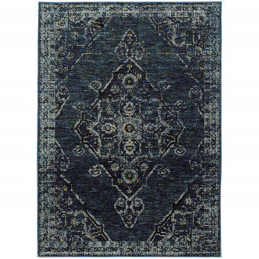 3' X 5' Blue and Ivory Oriental Power Loom Area Rug