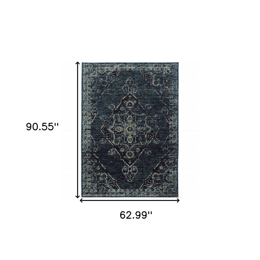 5' X 7' Blue and Black Oriental Power Loom Area Rug