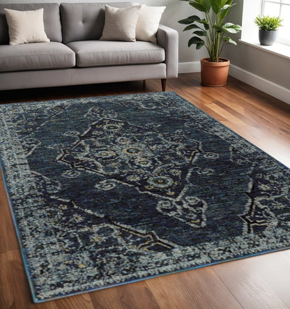 5' X 7' Blue and Black Oriental Power Loom Area Rug