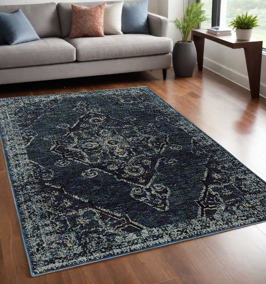 5' X 7' Blue and Black Oriental Power Loom Area Rug