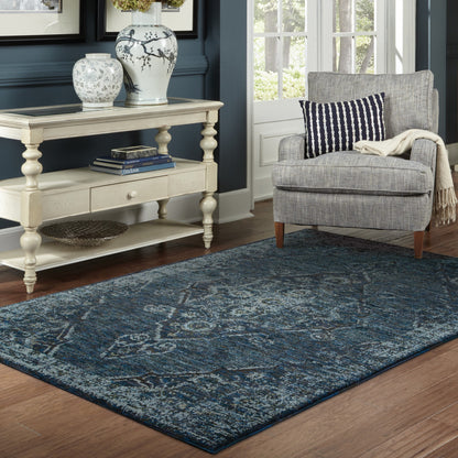 7' X 10' Blue and Black Oriental Power Loom Area Rug