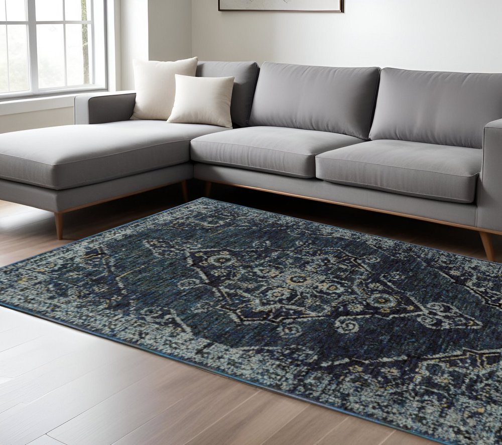 7' X 10' Blue and Black Oriental Power Loom Area Rug