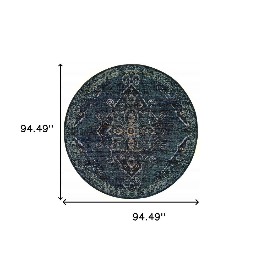 8' Blue and Black Round Oriental Power Loom Area Rug