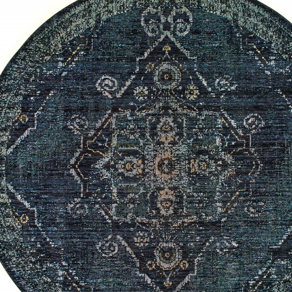8' Blue and Black Round Oriental Power Loom Area Rug