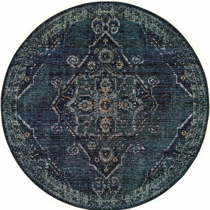 8' Blue and Black Round Oriental Power Loom Area Rug