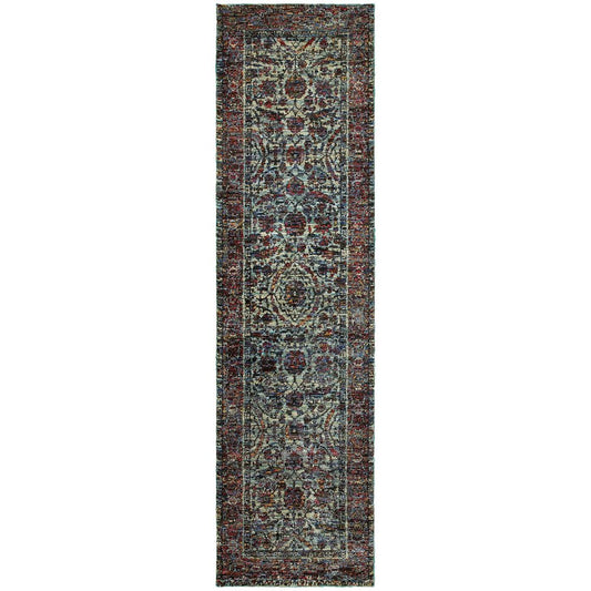 8' Blue And Purple Oriental Runner Rug
