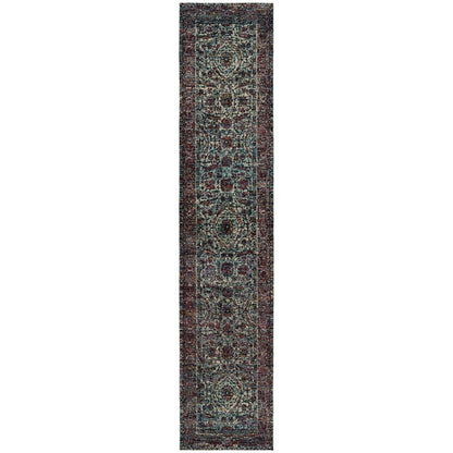 12' Blue And Purple Oriental Runner Rug