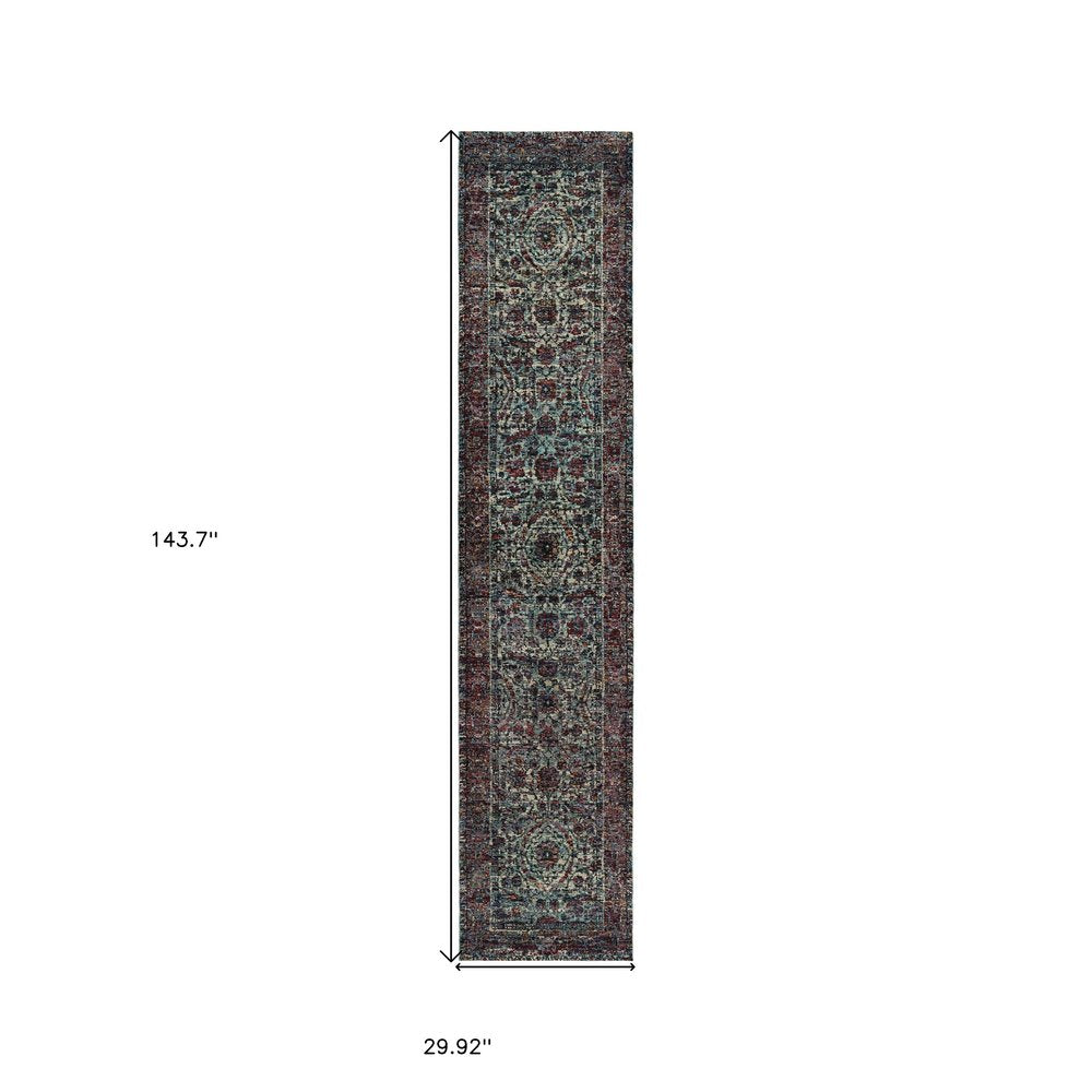 12' Blue And Purple Oriental Runner Rug