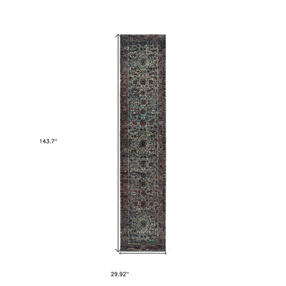 12' Blue And Purple Oriental Runner Rug