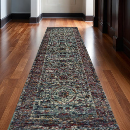 12' Blue And Purple Oriental Runner Rug