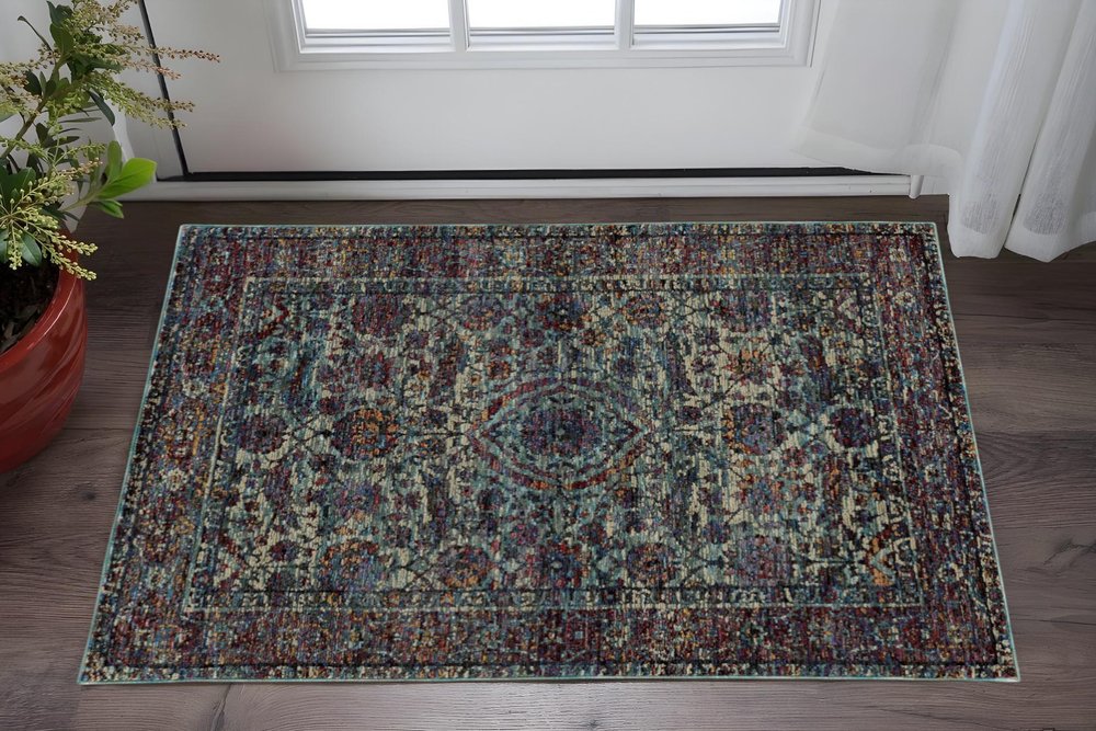 3' X 5' Blue and Purple Oriental Power Loom Area Rug