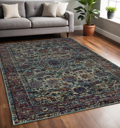 5' X 7' Blue and Purple Oriental Power Loom Area Rug