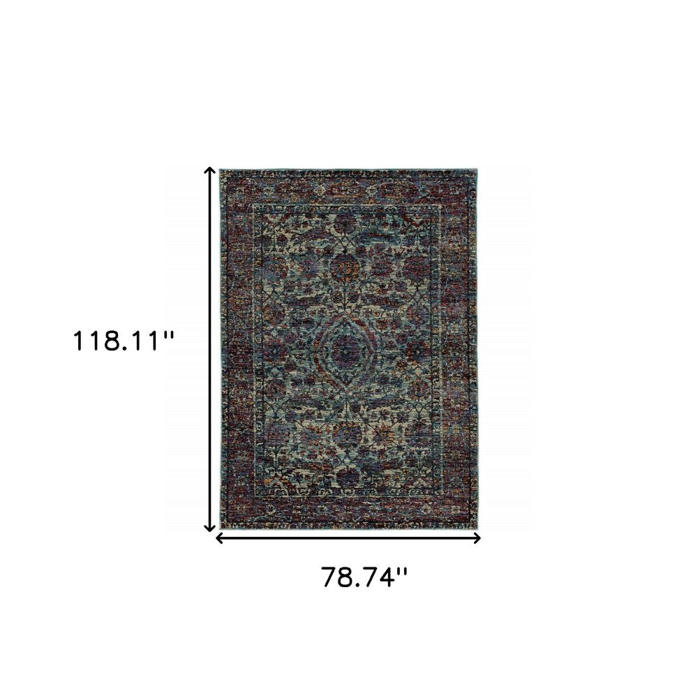 7' X 10' Blue and Purple Oriental Power Loom Area Rug