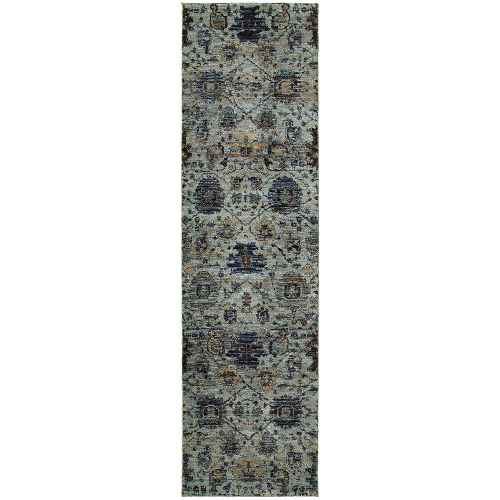 8' Blue And Green Oriental Runner Rug