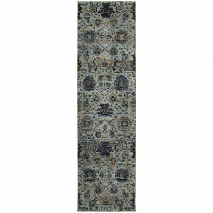 8' Blue And Green Oriental Runner Rug