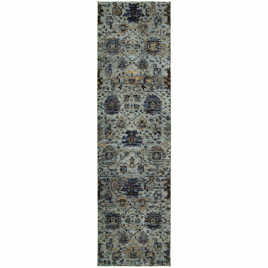 8' Blue And Green Oriental Runner Rug