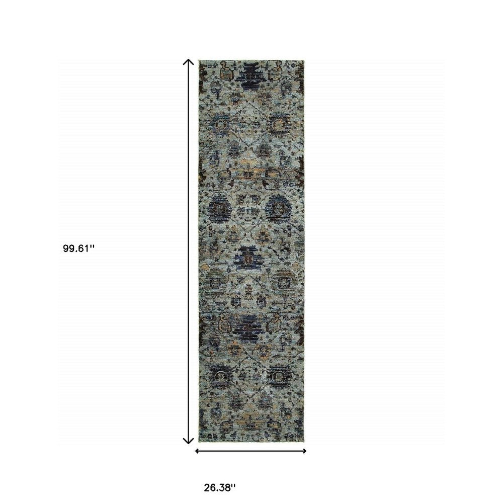 8' Blue And Green Oriental Runner Rug