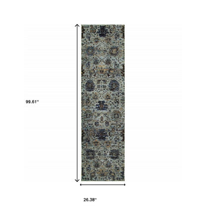 8' Blue And Green Oriental Runner Rug