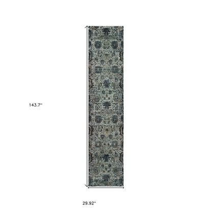 12' Blue Oriental Runner Rug