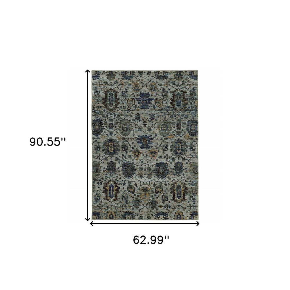5' X 7' Blue Green Oriental Power Loom Area Rug