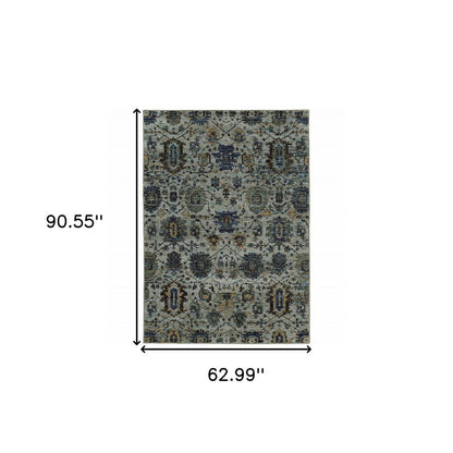 5' X 7' Blue Green Oriental Power Loom Area Rug