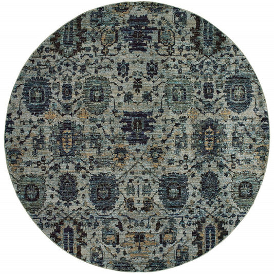 8' Blue Green Round Oriental Power Loom Area Rug