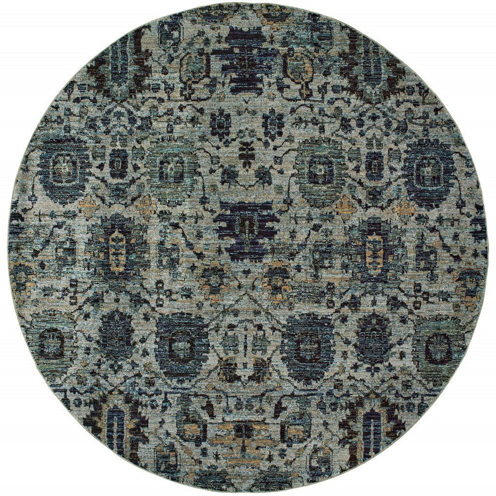 8' Blue Green Round Oriental Power Loom Area Rug