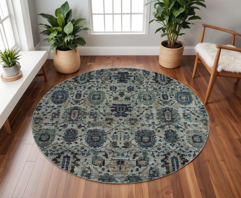 8' Blue Green Round Oriental Power Loom Area Rug