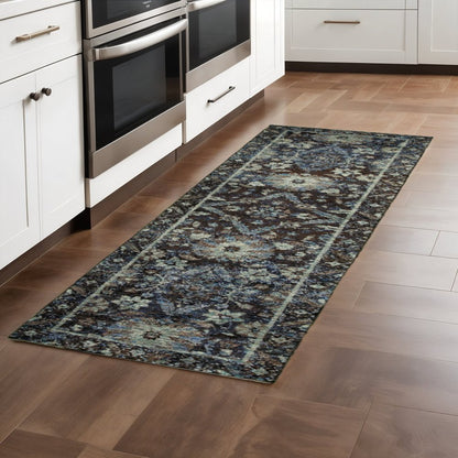 8' Navy Blue Oriental Runner Rug