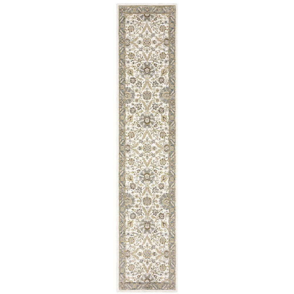 12' Gray And Ivory Oriental Runner Rug