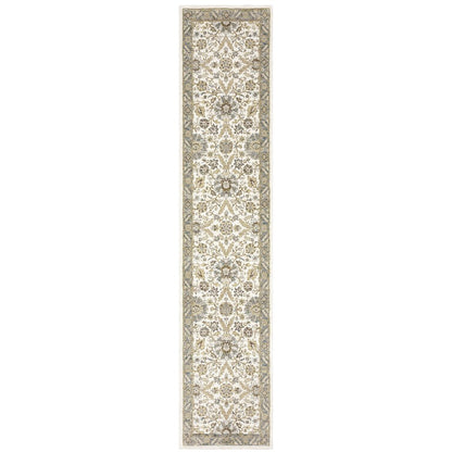 12' Gray And Ivory Oriental Runner Rug