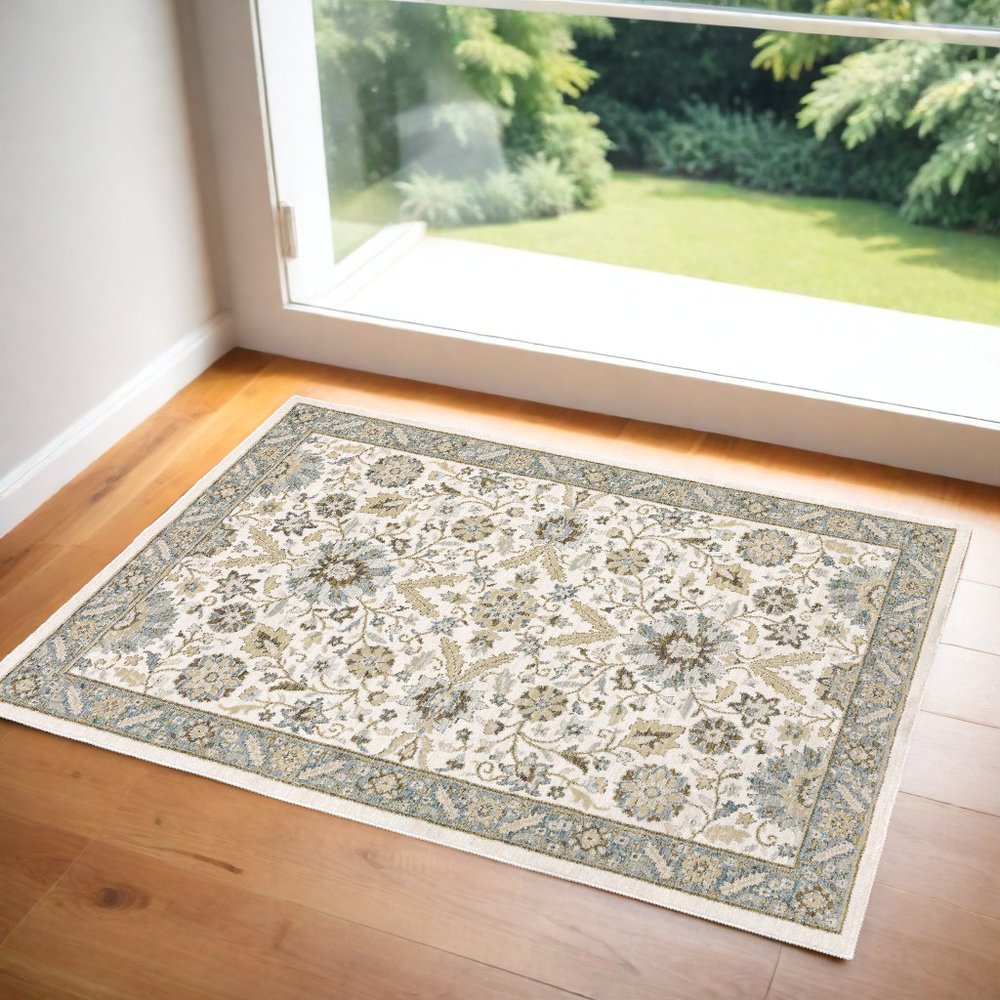 3' X 5' Stone And Ivory Oriental Area Rug