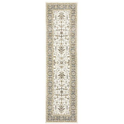 8' Ivory And Blue Oriental Runner Rug