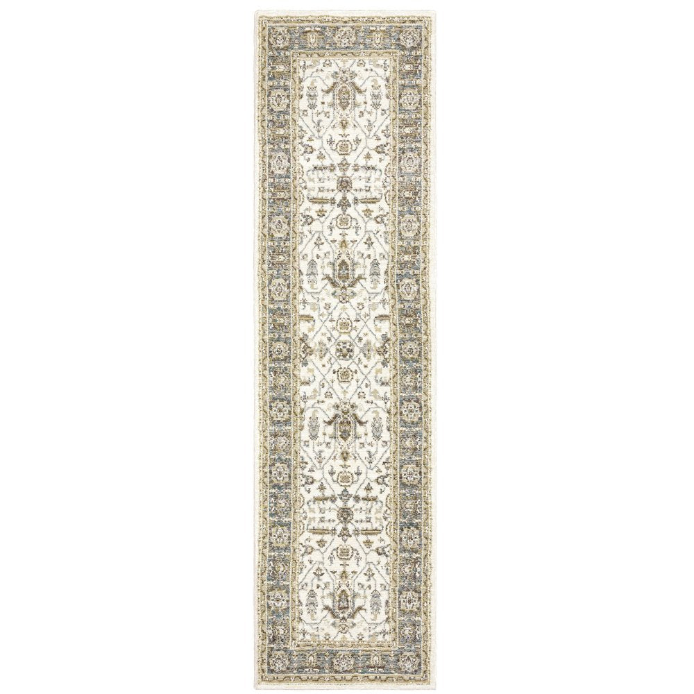 8' Ivory And Blue Oriental Runner Rug