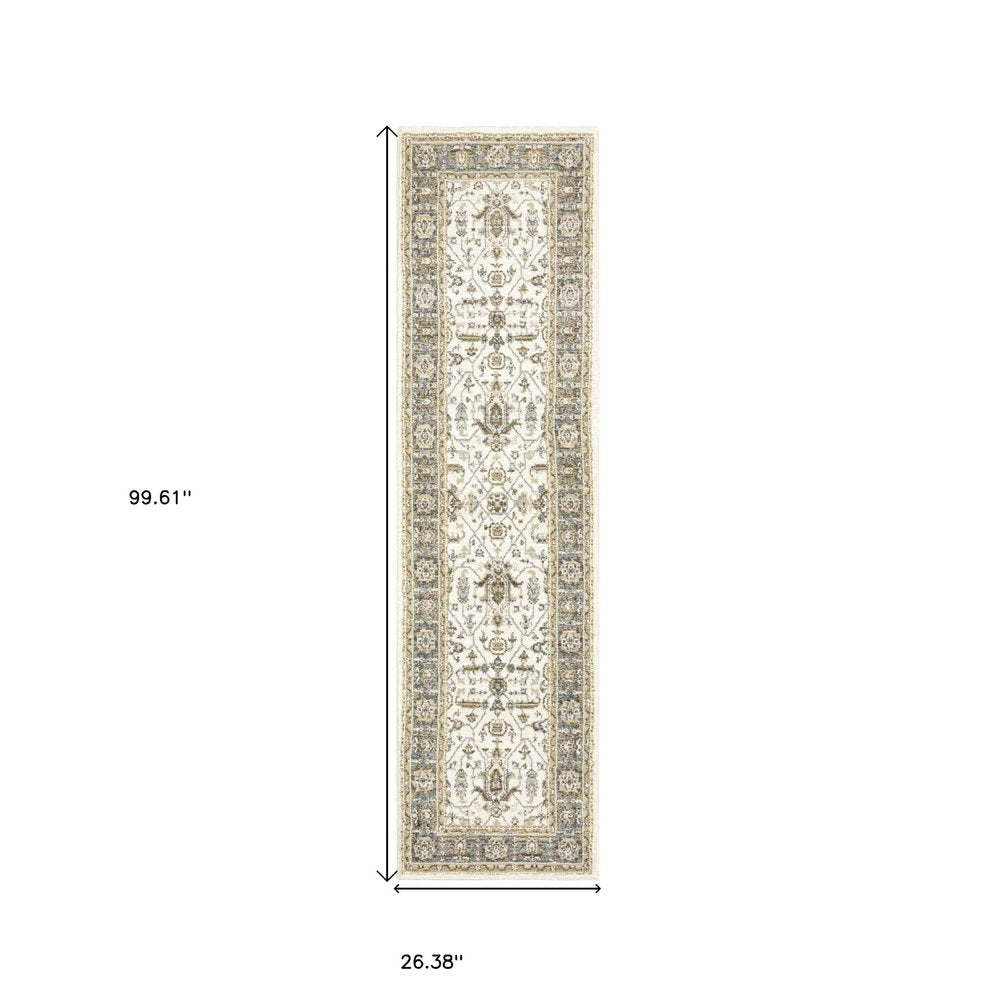 8' Ivory And Blue Oriental Runner Rug