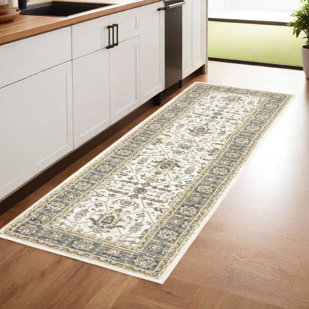 8' Runner Gray and Ivory Oriental Power Loom Runner Rug