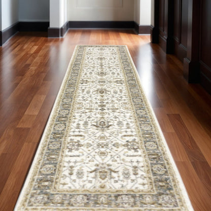 12' Ivory Gray And Blue Oriental Runner Rug