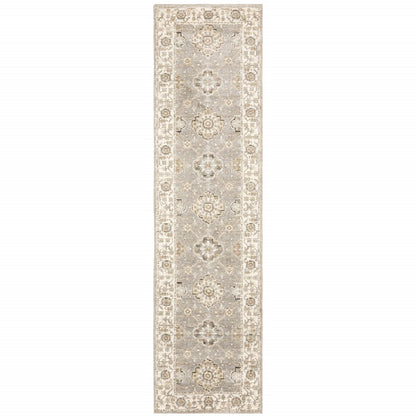 8' Gray And Ivory Oriental Runner Rug